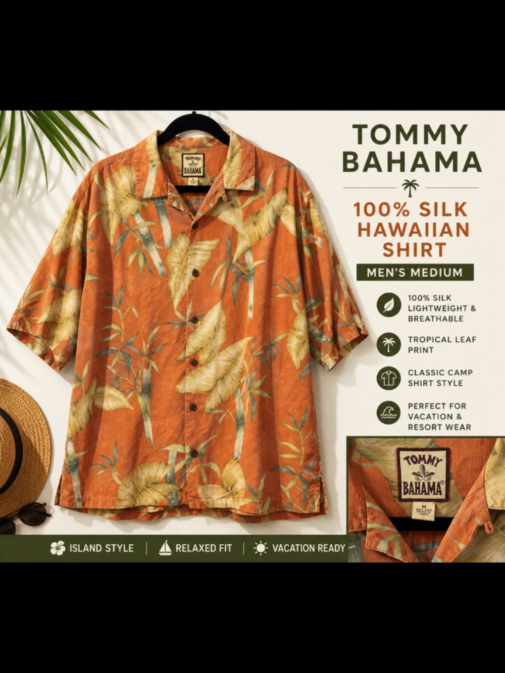 Vintage Tommy Bahama 100% Silk Hawaiian Shirt Tropical Leaf Print Size M